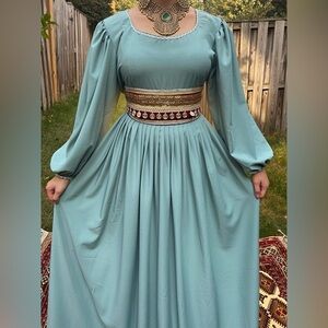 Afghan Teal Dress with Embellished Waist